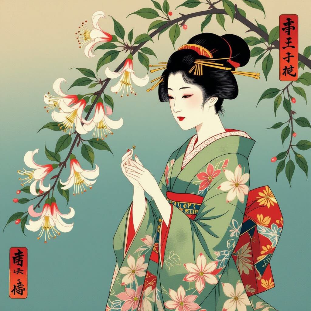 Honeysuckle Blooms Share Perfume in Ukiyo-e Style
