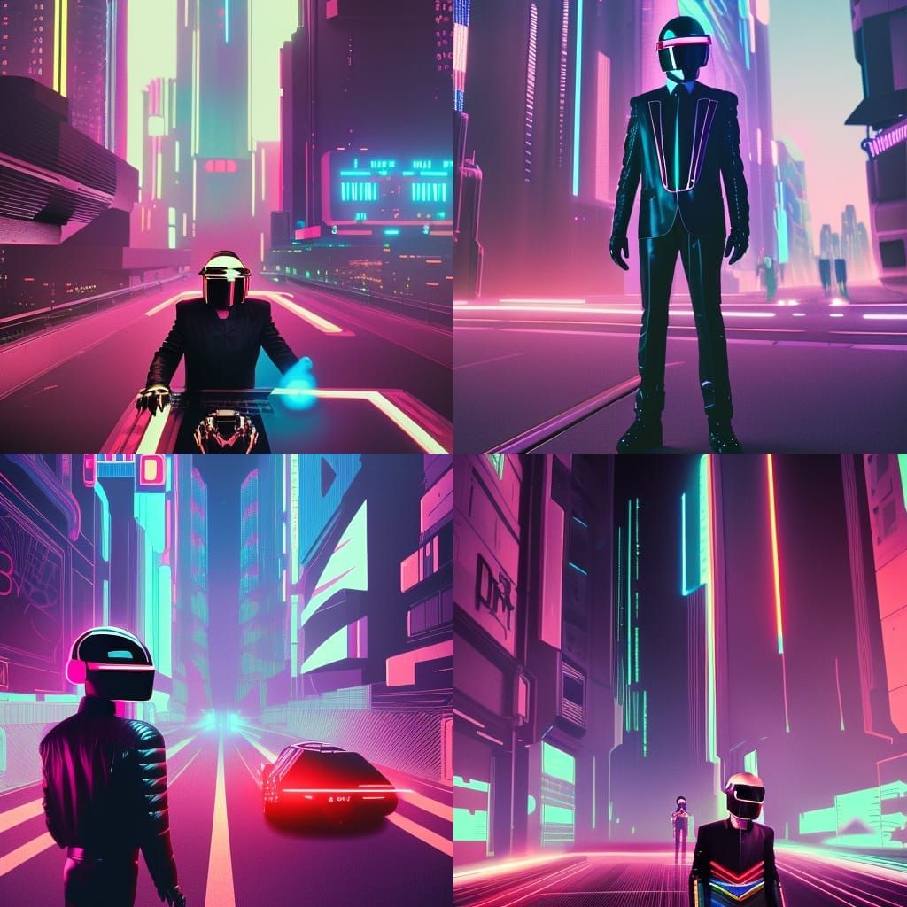 Daft Punk in Neon Cyberpunk Cityscape