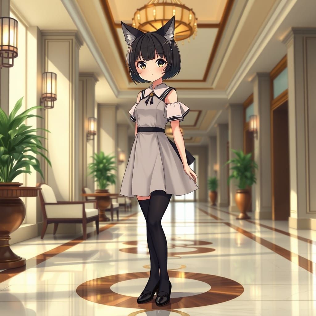 Anime Neko Girl in Elegant Hotel Lobby