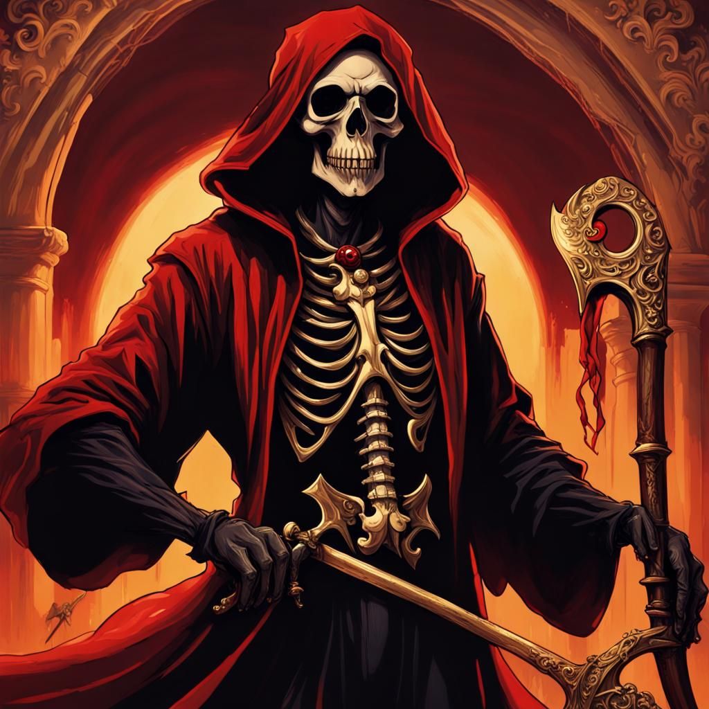 Grim Reaper with Golden Scythe, Dark Fantasy Illustration
