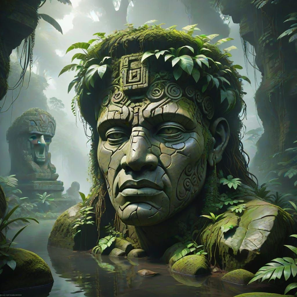 Ancient Stone Head in Misty Jungle - Hyperrealistic Concept ...