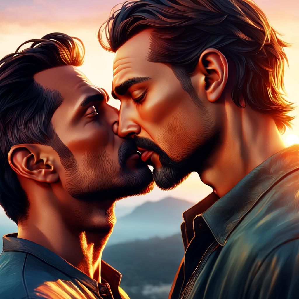 Realistic Sunset Kiss: Hyperdetailed Art Nouveau Portrait