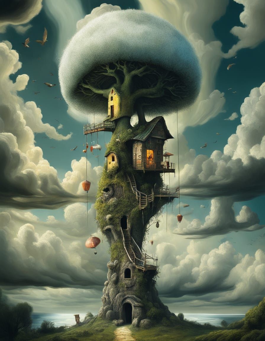 Surreal Mushroom Birdhouse in Impasto Style