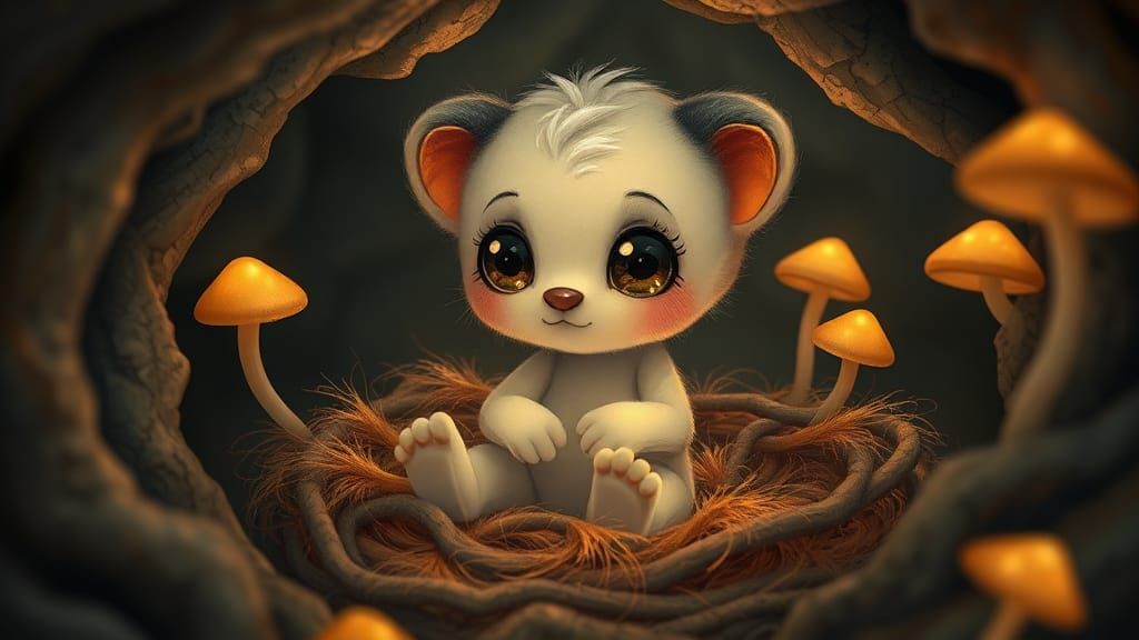 Baby Bendy in Cozy Cave Nest, Fantasy Art