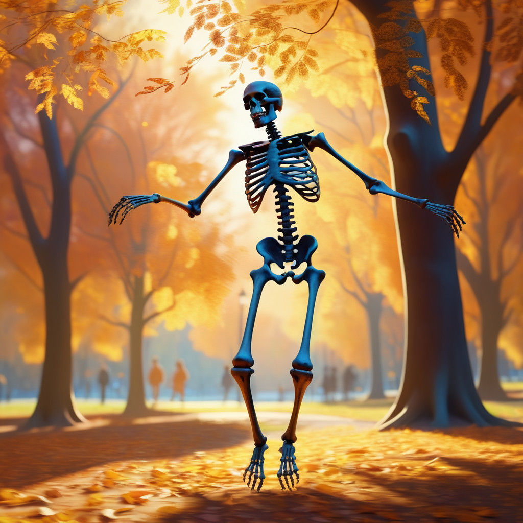Vibrant Skeleton Dancing in Autumnal Park