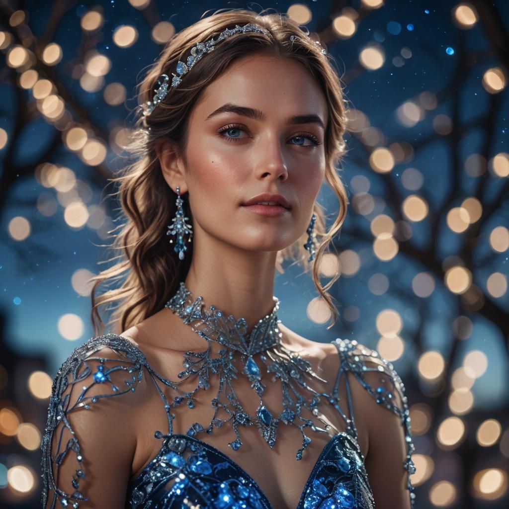 Woman in Blue Glass Dress Under Night Sky