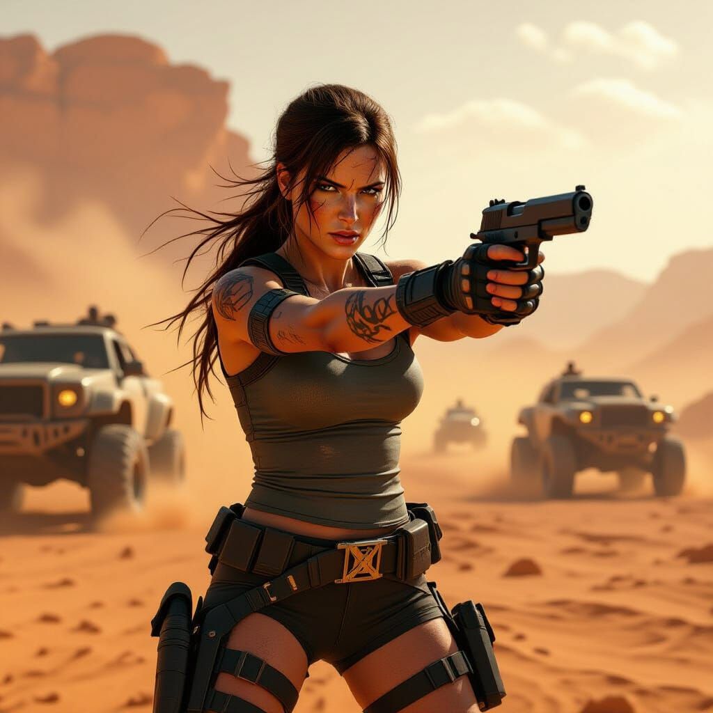 Lara Croft in Desolate Wasteland with Dual Pistols