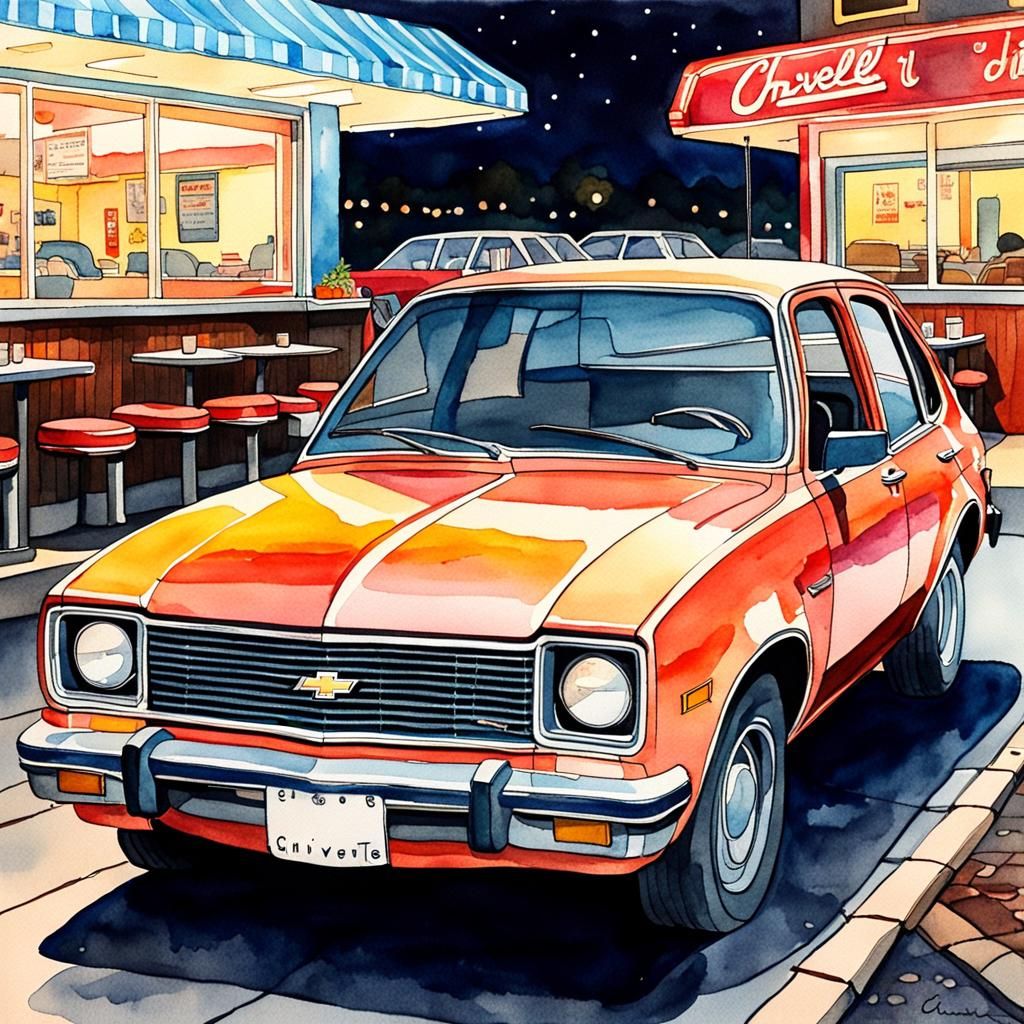 Chevrolet Chevette at Diner: Watercolor Painting