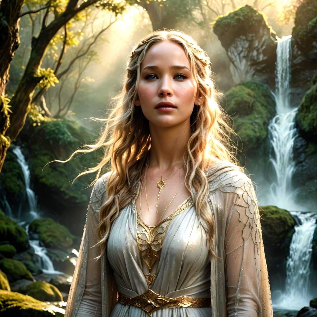 Jennifer Lawrence as Galadriel by Waterfall