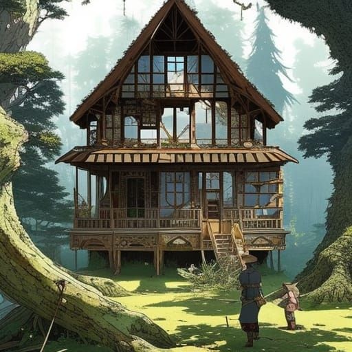 Solarpunk Forest Hut Amidst Yew Trees