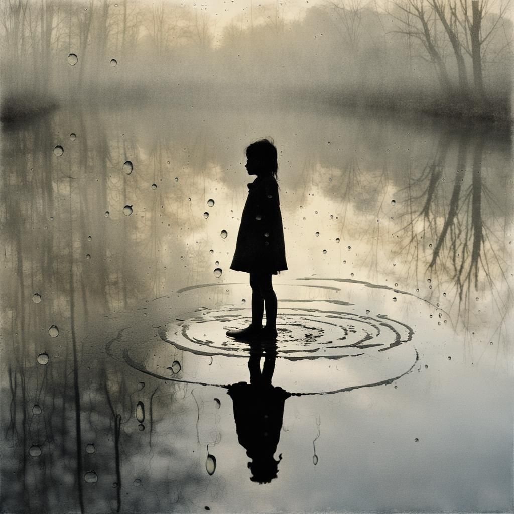 Child's Reflection in Misty Morning Puddle