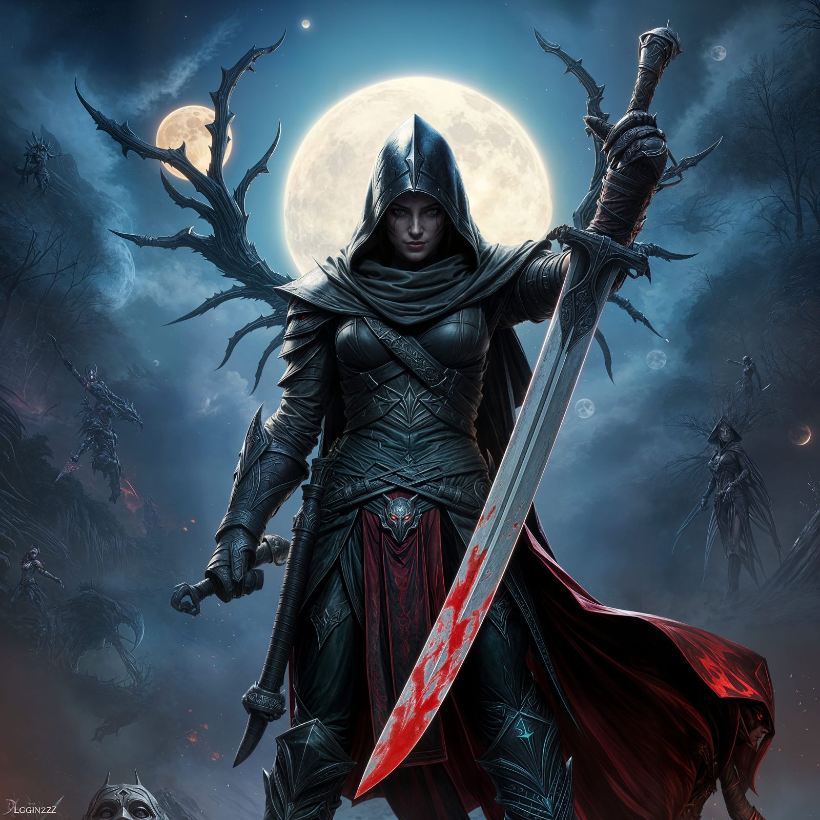 Phantom Assassin in a Blood-Soaked Moonlit Landscape