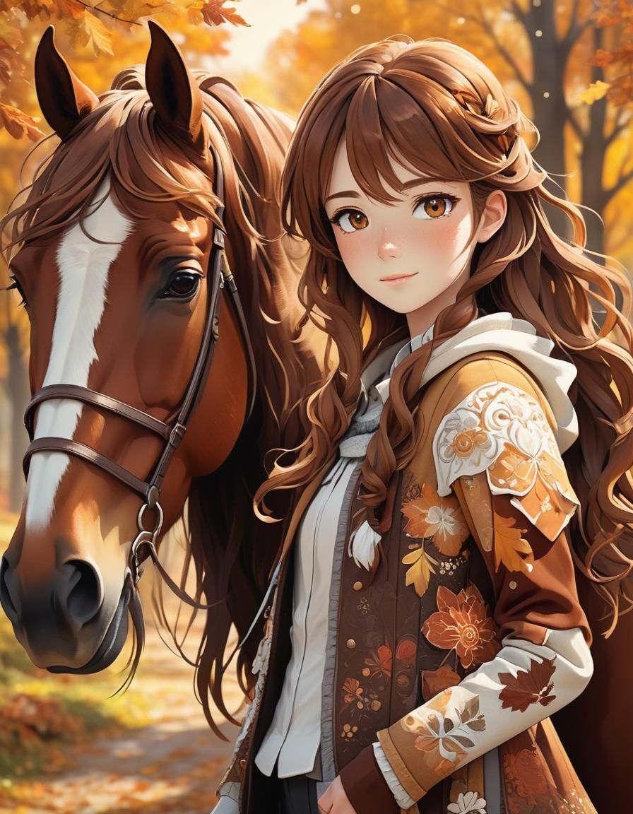Anime Girl and Horse in Autumn, 3D Render
