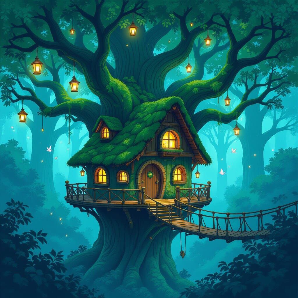 Whimsical Treehouse Village in Bioluminescent Forest