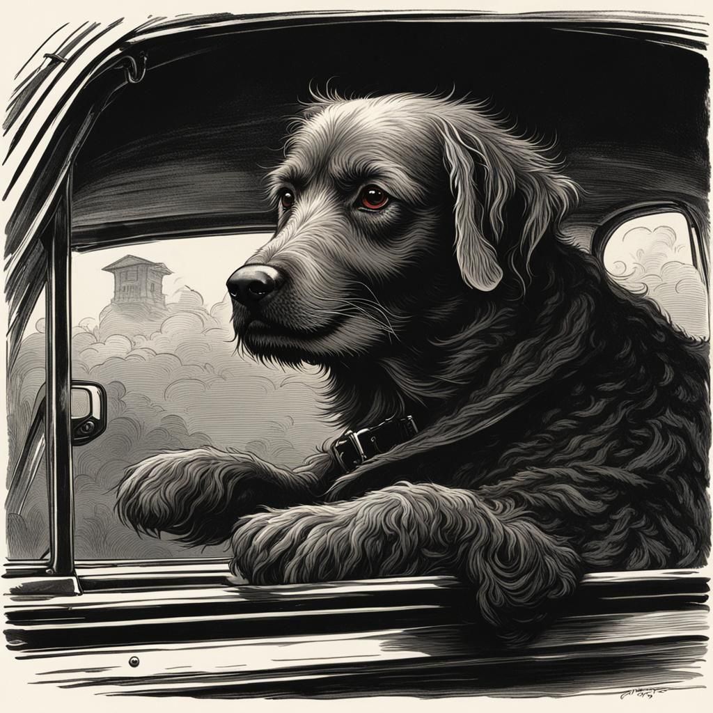 Dog's Windy Car Ride: A Doré-esque Horror Scene