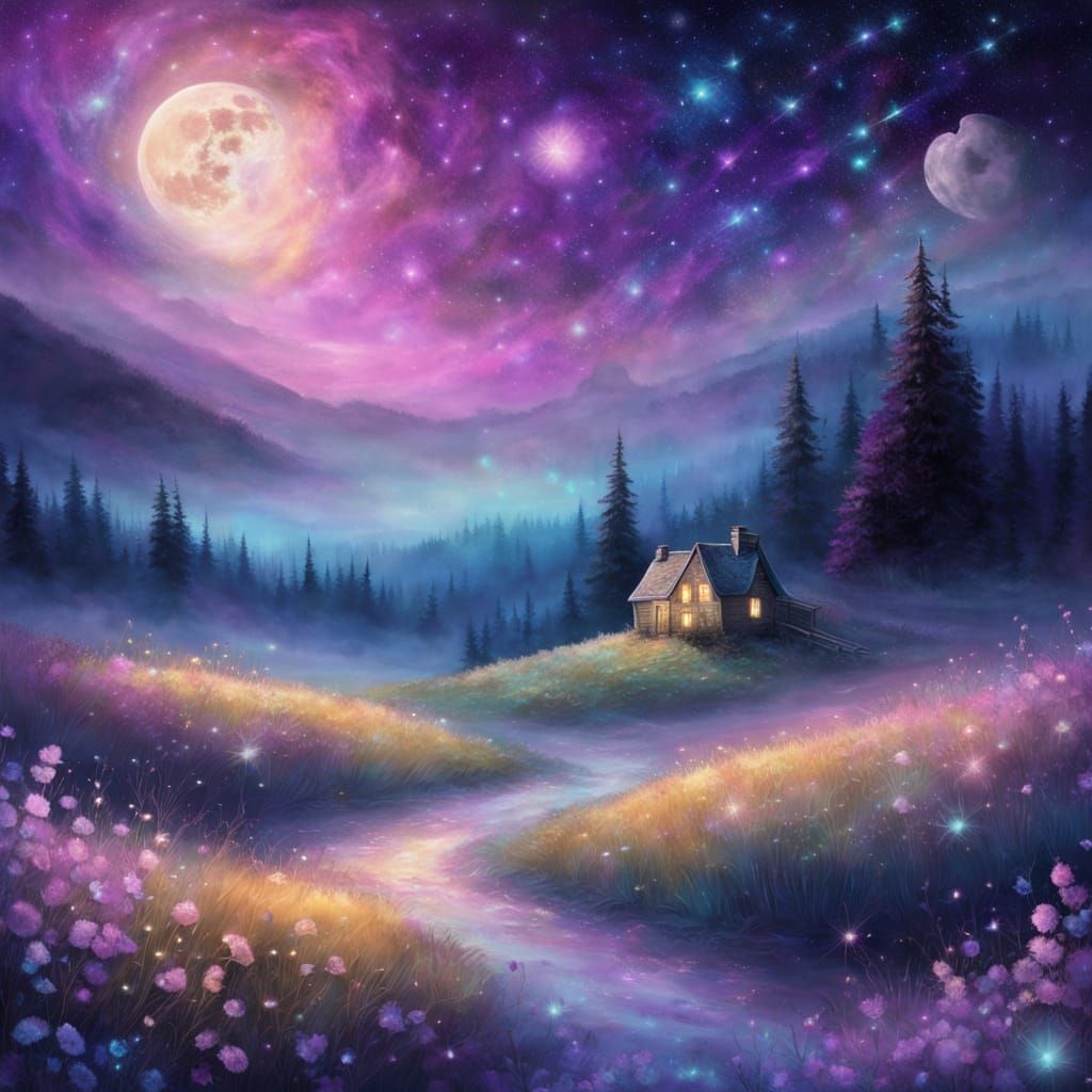 Surreal Moonlit Snail Glides Across Celestial Meadow