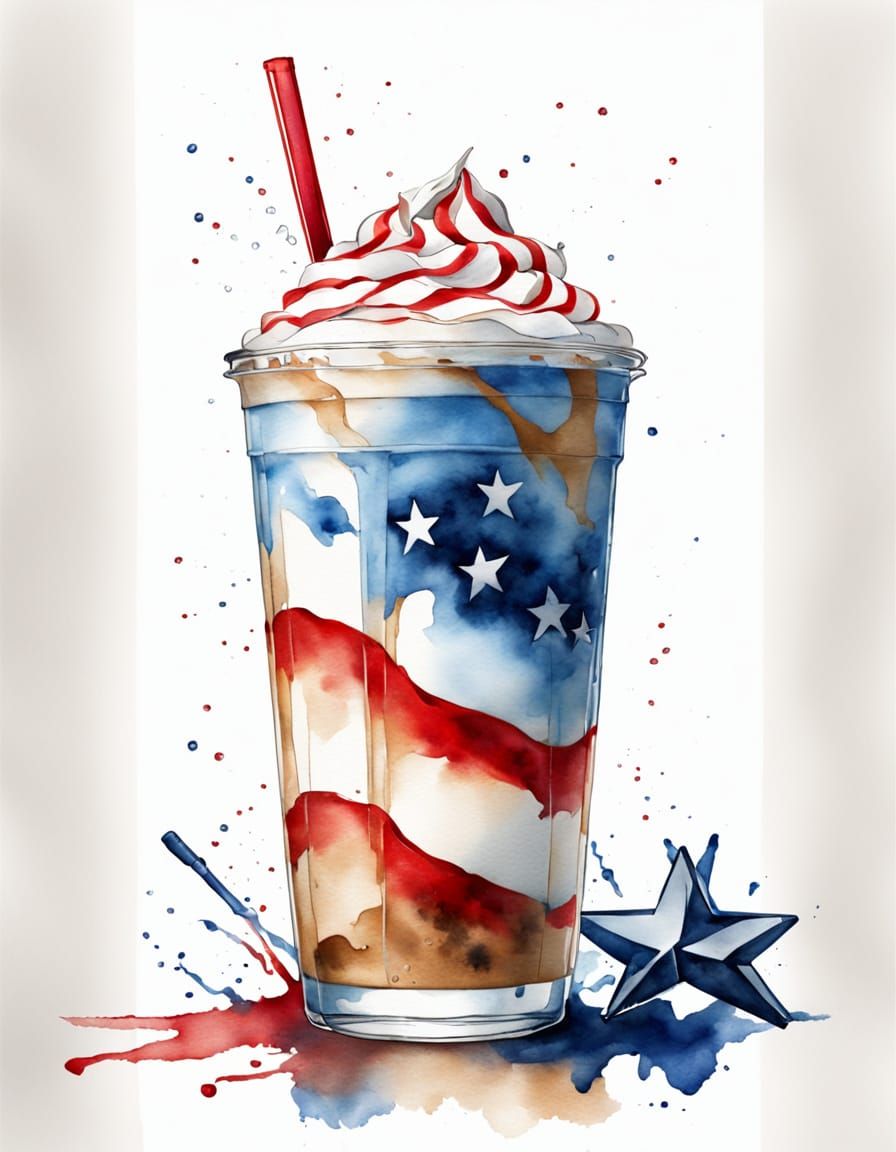 Vibrant Red, White, and Blue Watercolor Iced Latte Scene