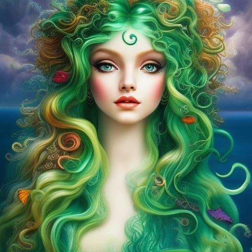 Beautiful Green-Haired Mermaid in Disney Splash Art Style