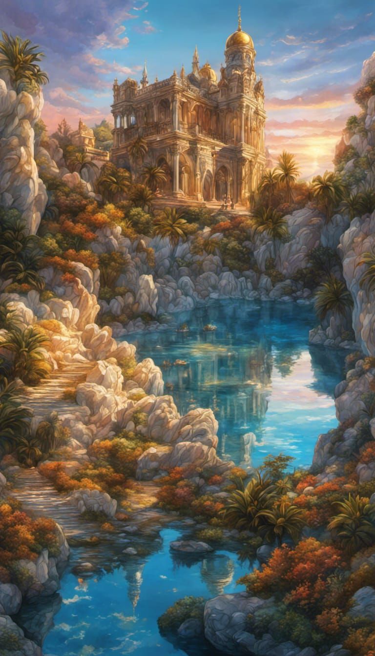 Baroque Palace Carved in Iridescent Rock, Hyperrealistic