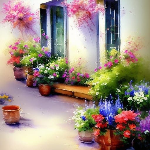Spring Patio Watercolor Painting with Floral Accents