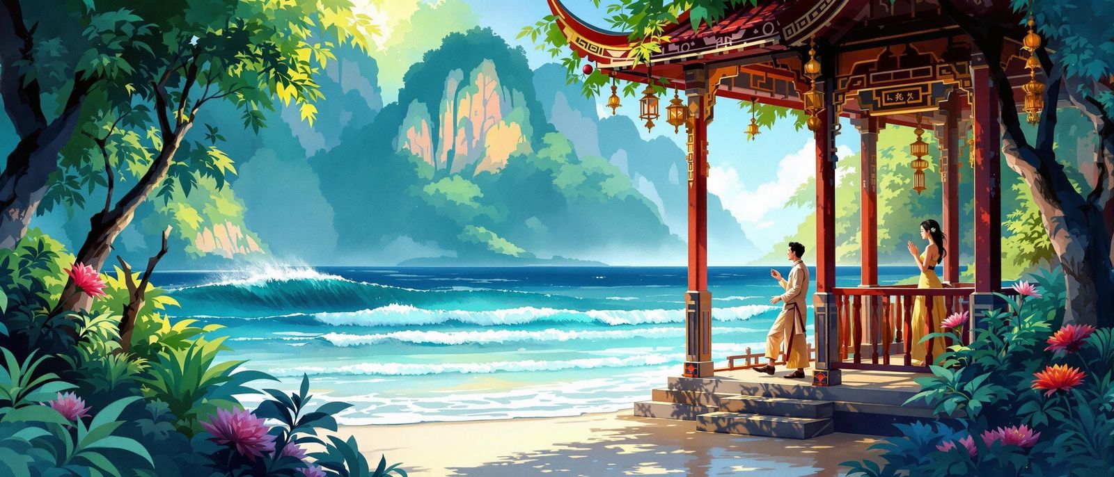 Romantic Serenade at Beach Pagoda: Watercolour Painting