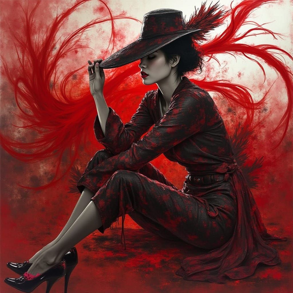 Black and White Portrait of Woman in Artistic Hat with Crims...