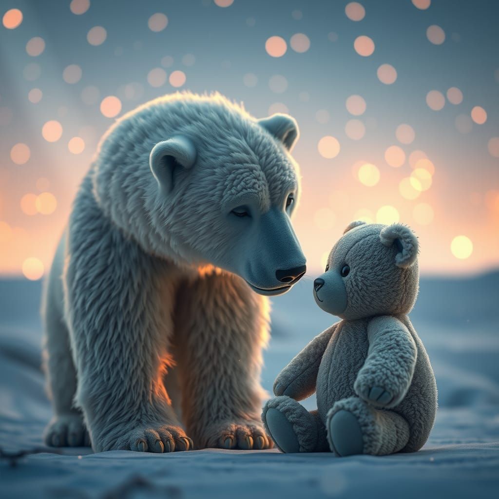 Polar Bear and Teddy Bear in Snowy Twilight