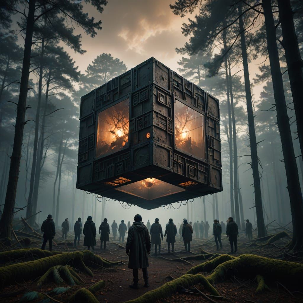 Epic Sci-Fi Landscape: Threatening Giant Cube in the Woods