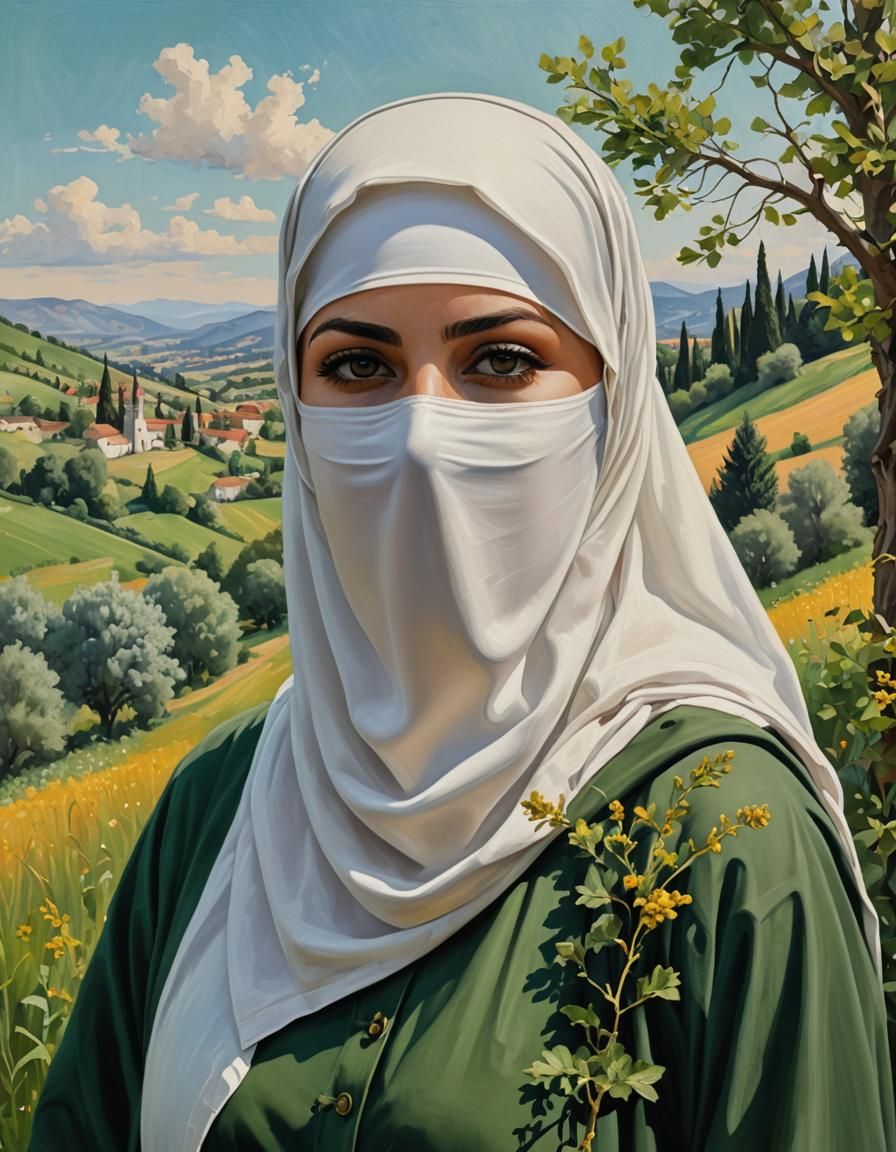 European Woman in Niqab: Detailed Oil Painting
