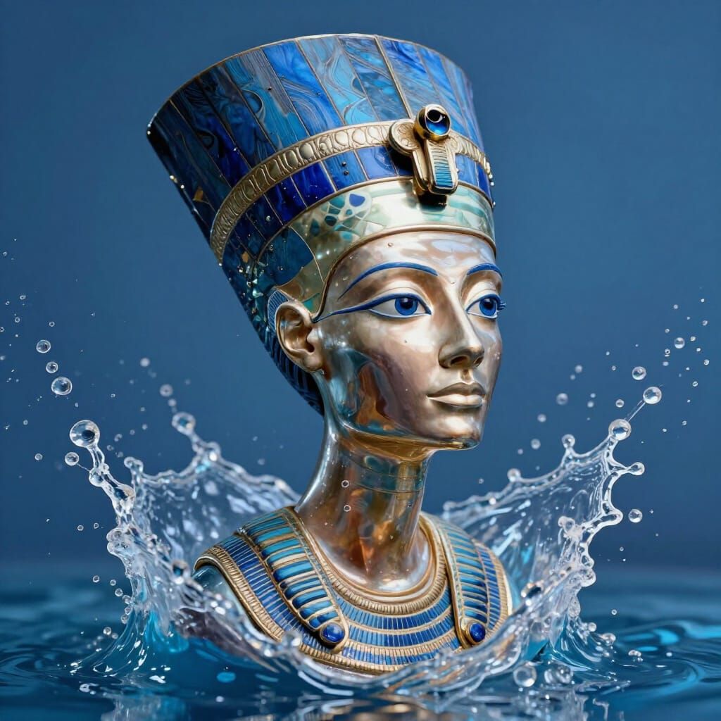 Nefertiti Statue Reflection in Dynamic Water Splatter