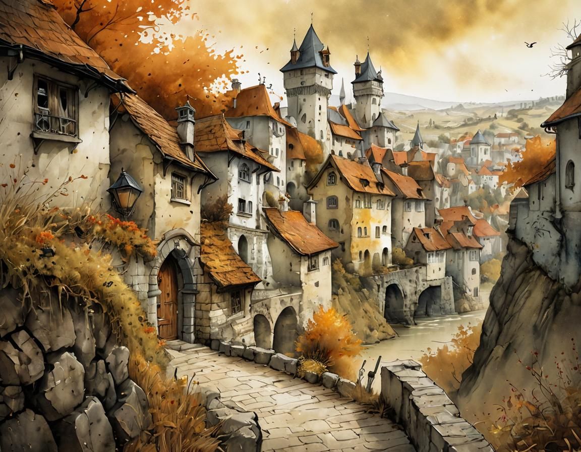 Medieval Town on Hill in Watercolor
