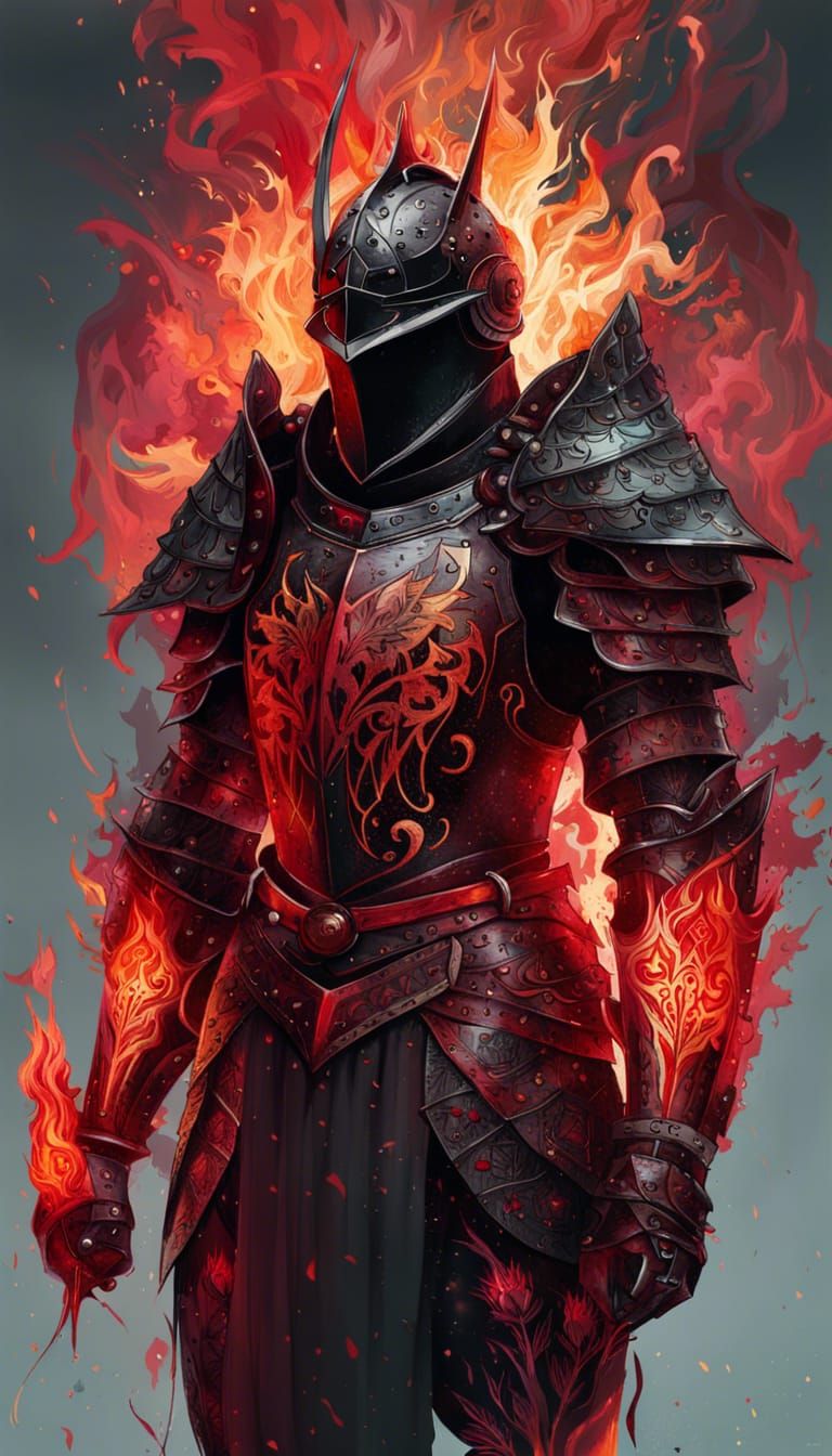 Fiery Knight in Obsidian Armor: Digital Art