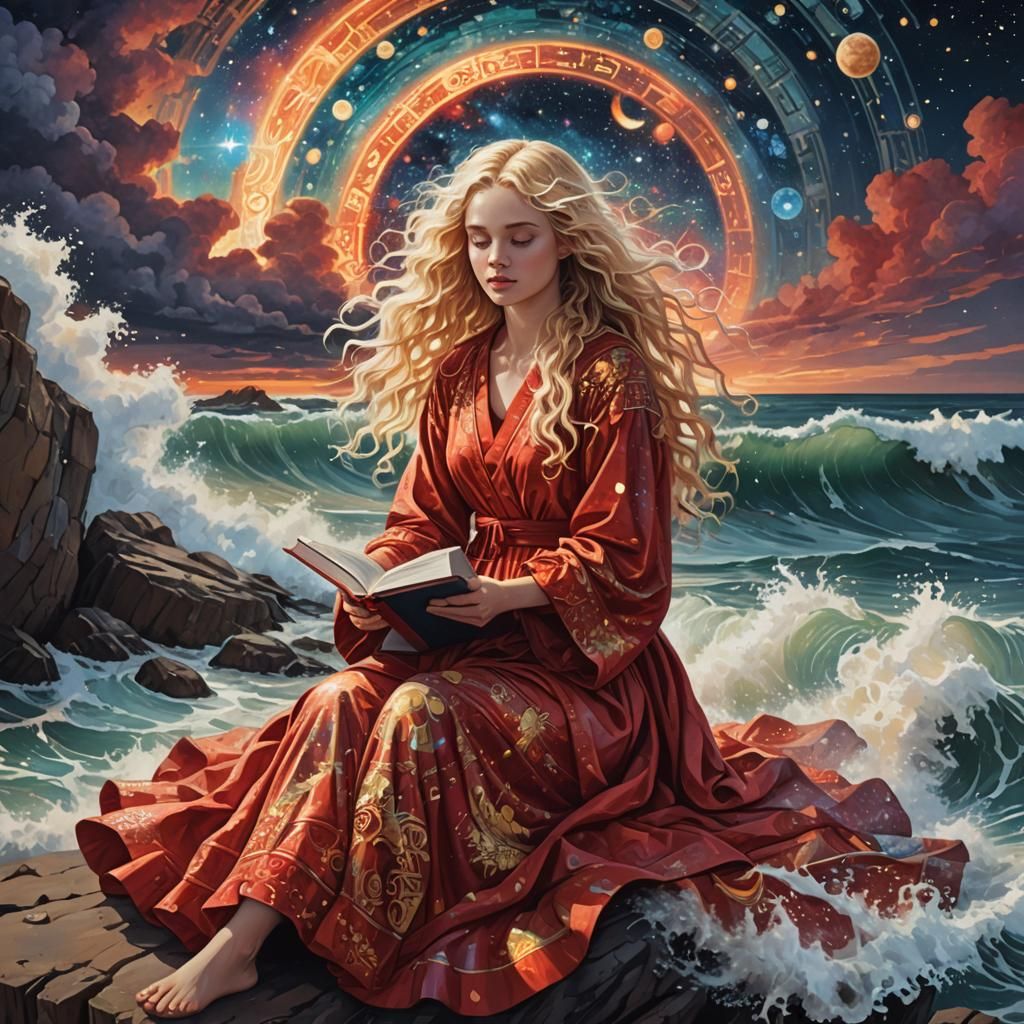 Woman Reading by Sea: Holographic Cosmic Illustration