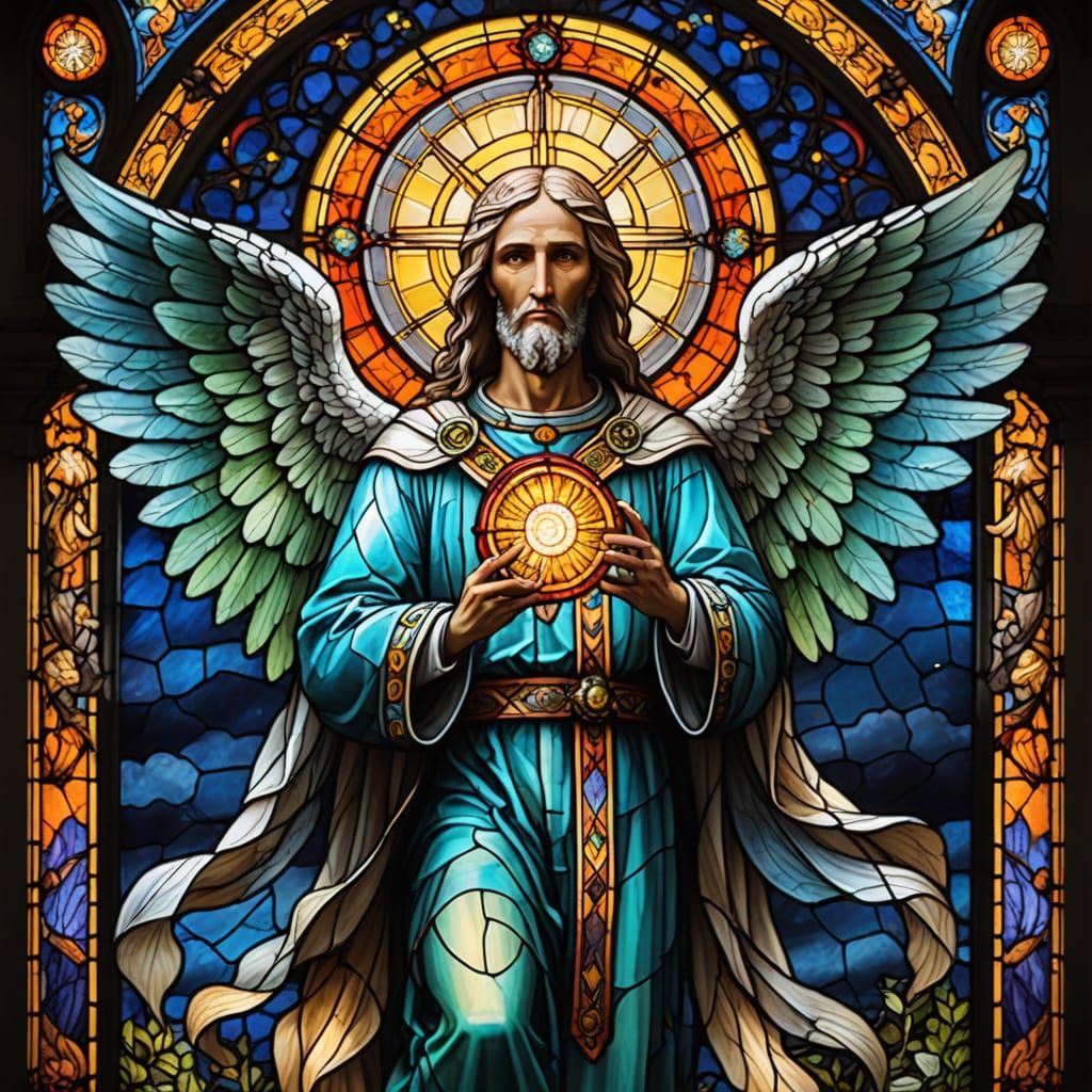 Ethereal Angel with Neon Eyes and Stained Glass Wings