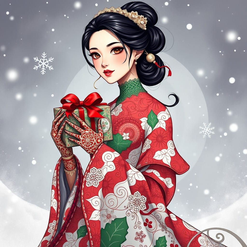 Anime-Inspired Princess in Modern Christmas Gown with Intric...