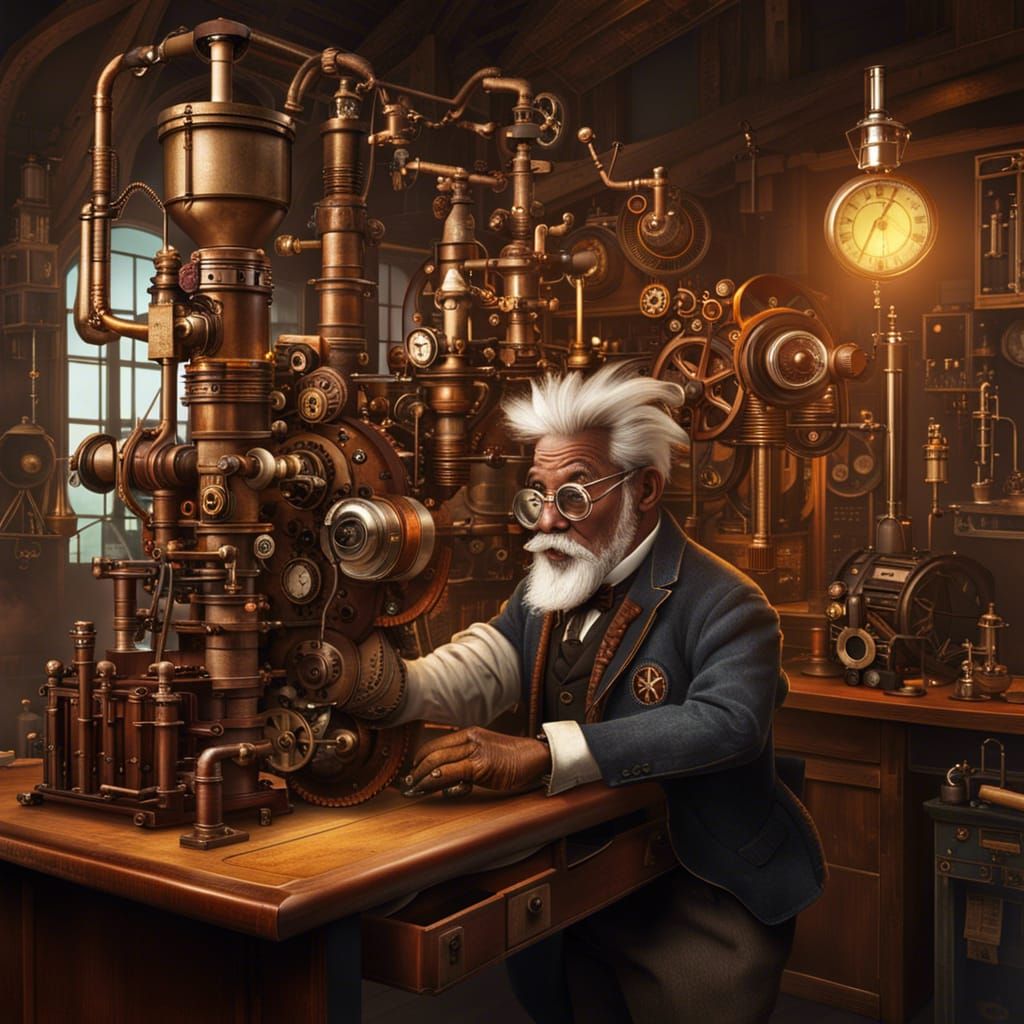 Steampunk Professor Gleefully Working in Elaborate Lab
