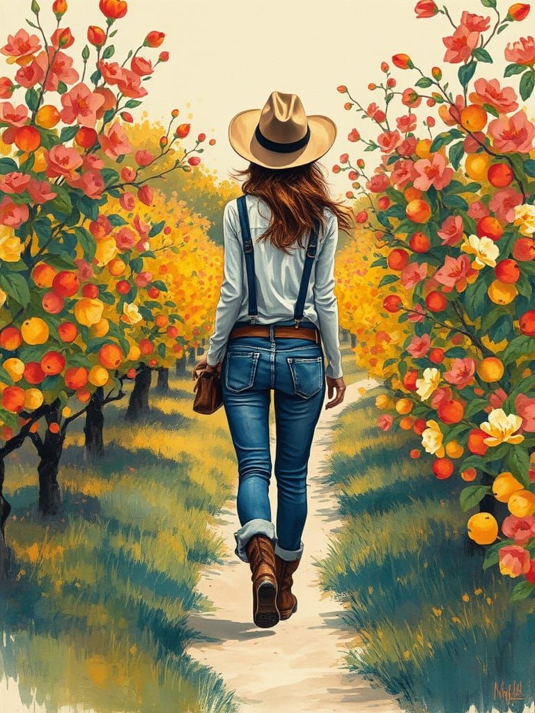 Lady Gardener in Vibrant Fruits Orchard