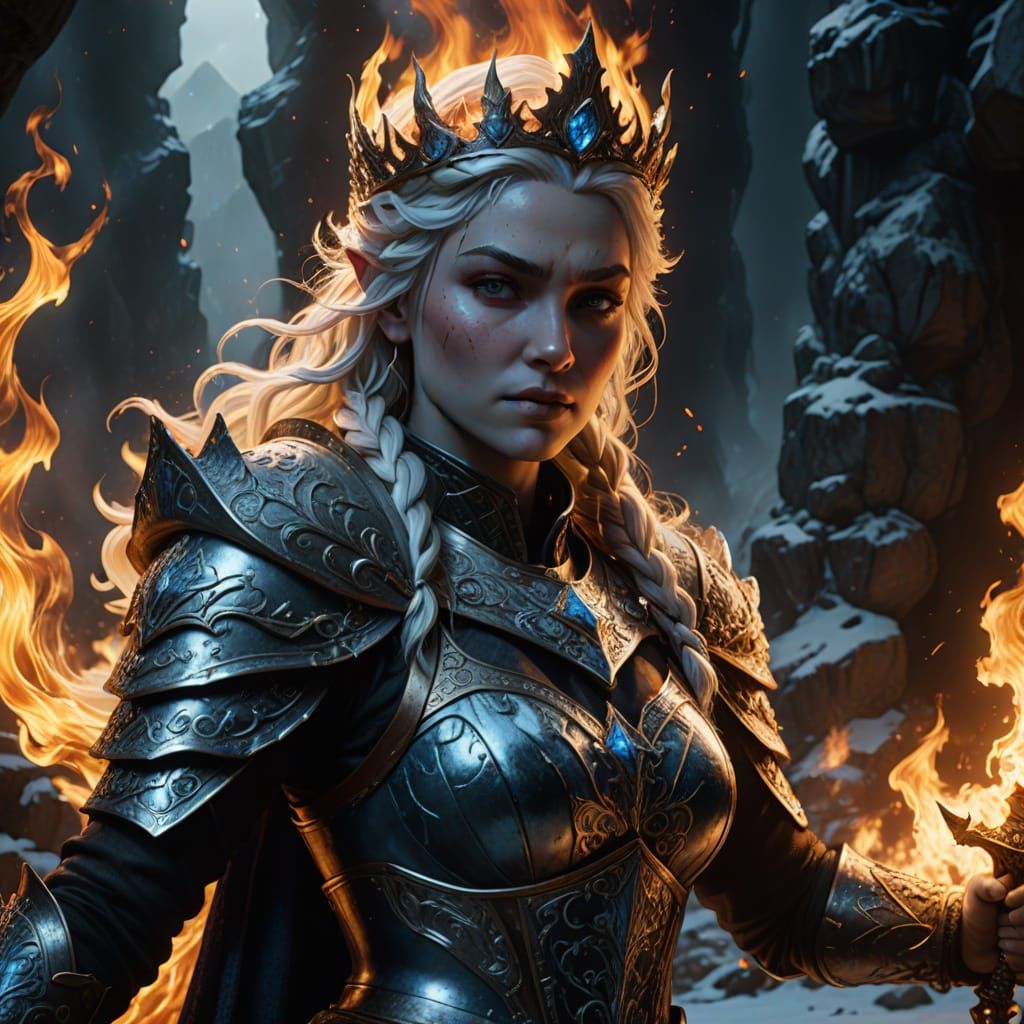 Ice Queen Confronts Fire Queen in Vibrant Fantasy Landscape