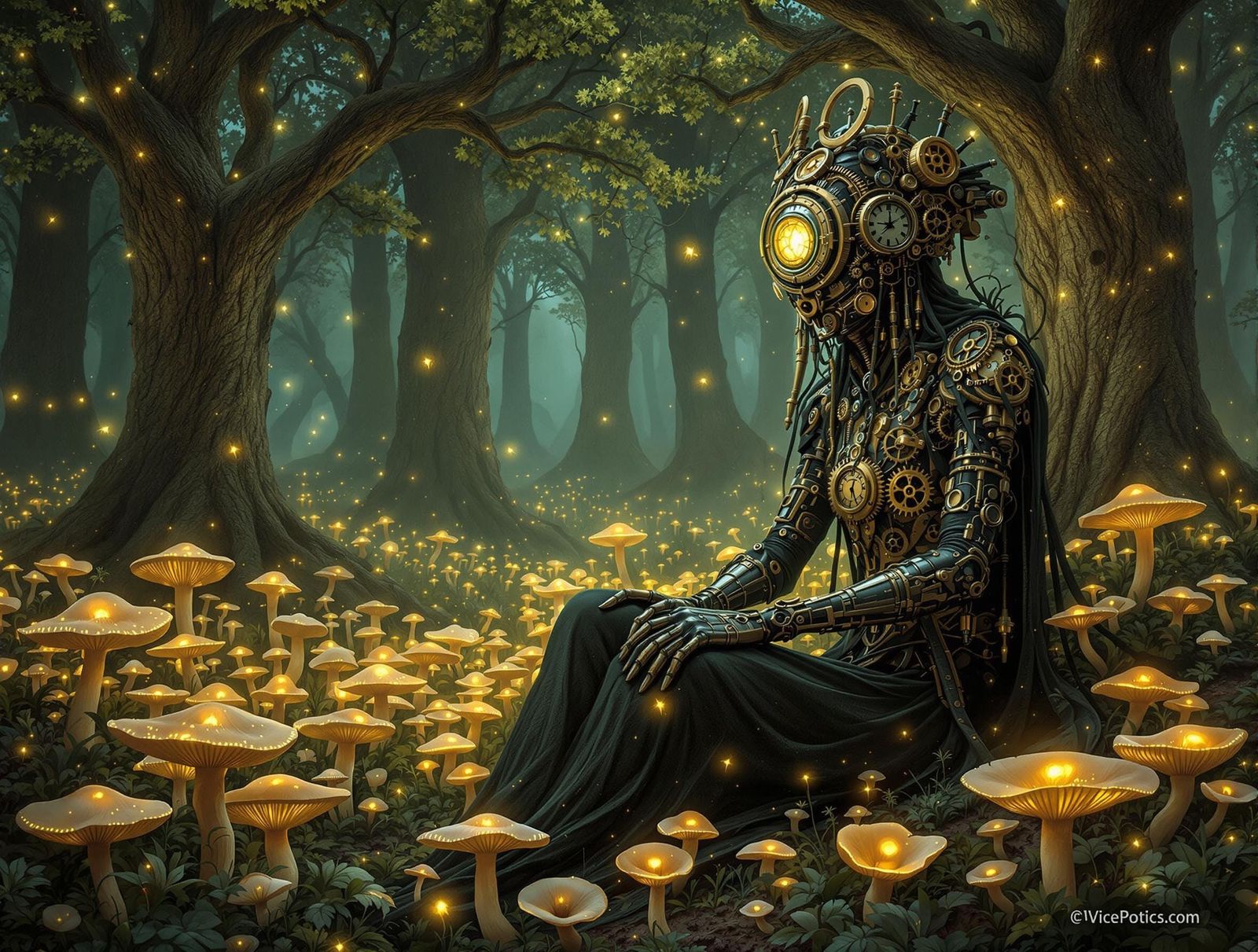 Steampunk Oracle in Bioluminescent Forest, Inspired by Mucha