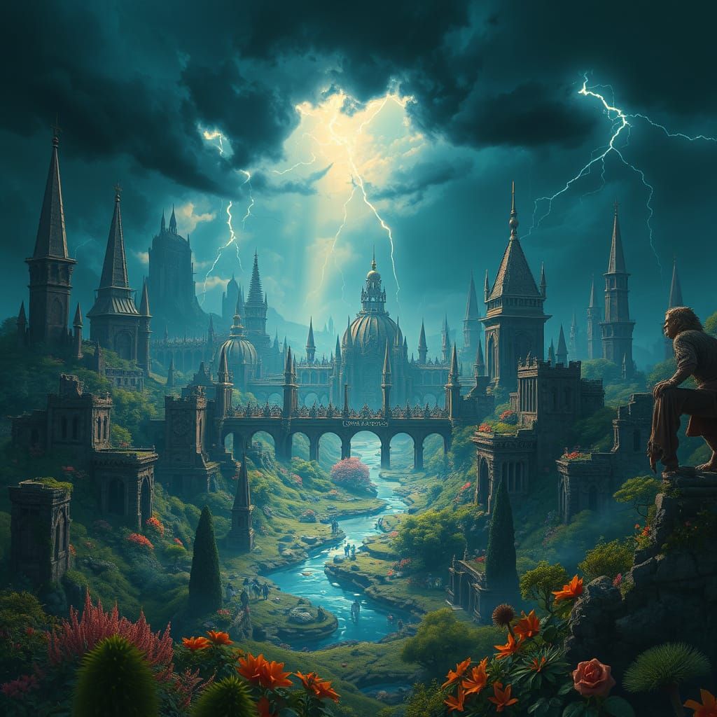 Mystical Realm in Ancient Ruins, Deep Blues and Golds