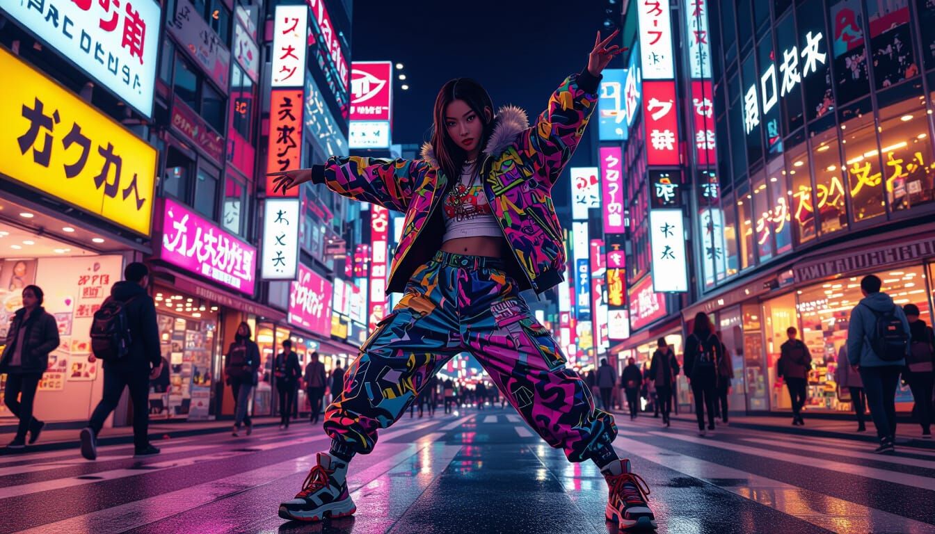 Vibrant Streetwear Girl in Neon Tokyo - Oil Painting