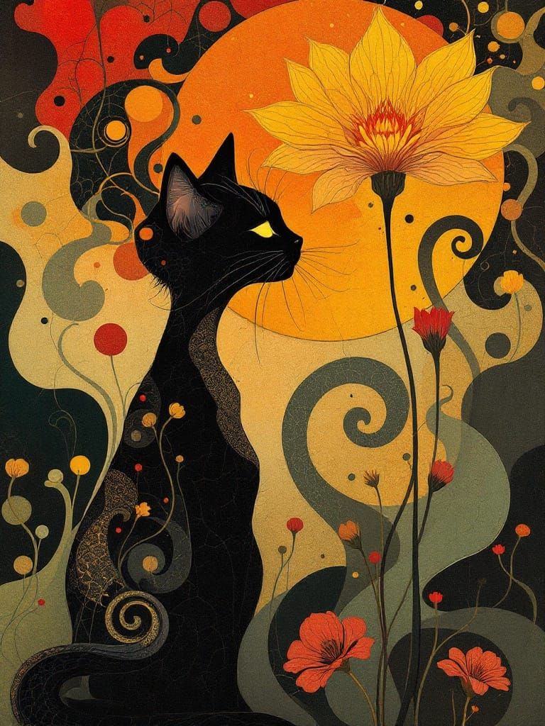 Mystical Dreamscape with Flattened Forms and Textural Layers