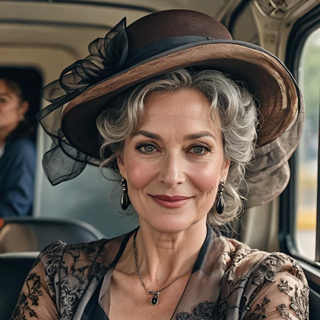 Elegant Woman with Grey Hair on Bus, Professional Photograph...