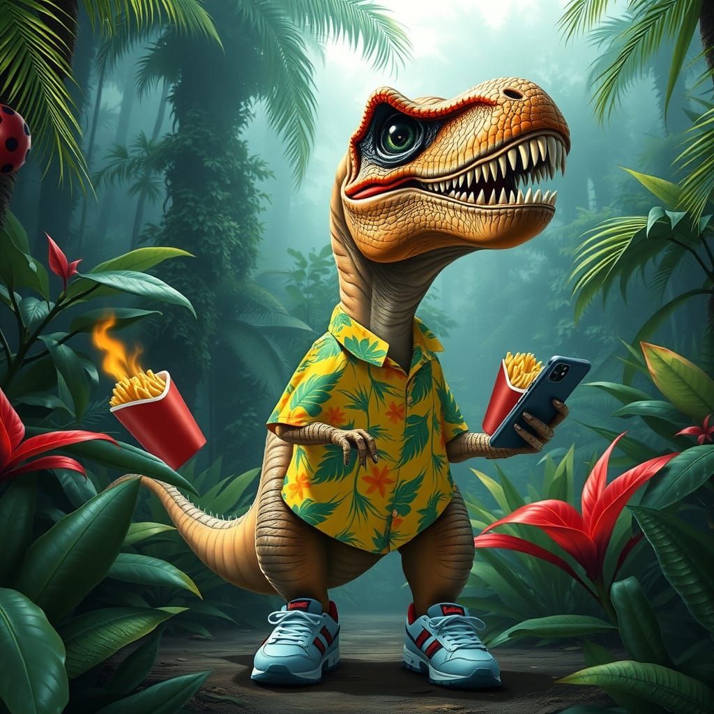T-Rex in Amazon Jungle: Whimsical Scene of Prehistoric Creat...