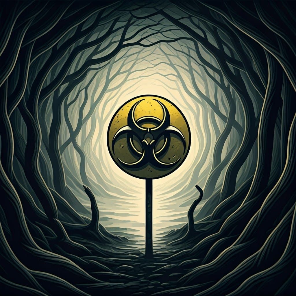 Eerie Nuclear Warning Sign in Misty Forest