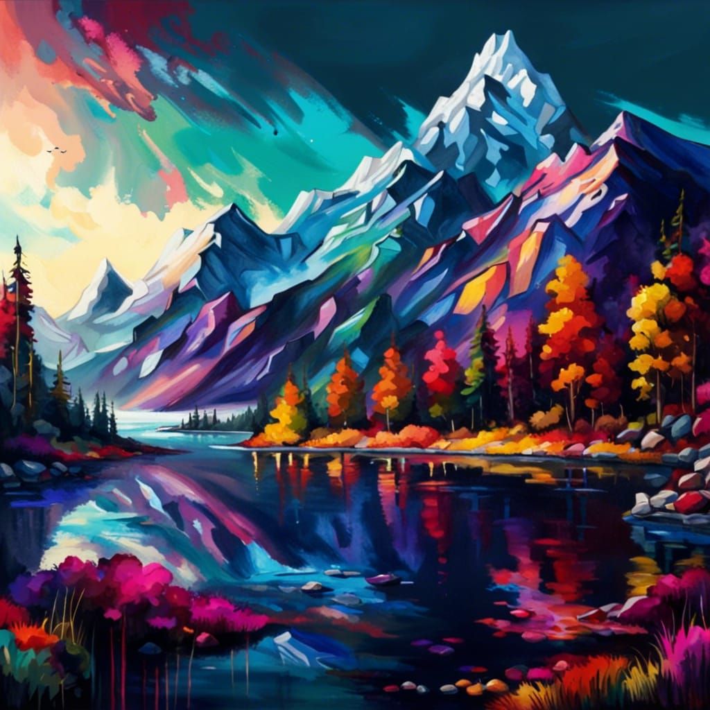 Vibrant Mountain Lake in Graffiti Art Style