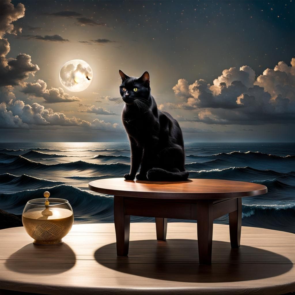 Black Cat Gazing at Moonlit Ocean