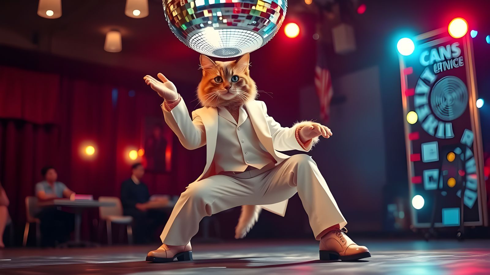 Cat Dressed as John Travolta at Disco, Hyperrealistic