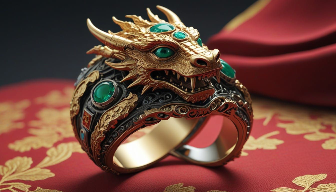 Golden Dragon Ring in Opulent Red Silk Setting