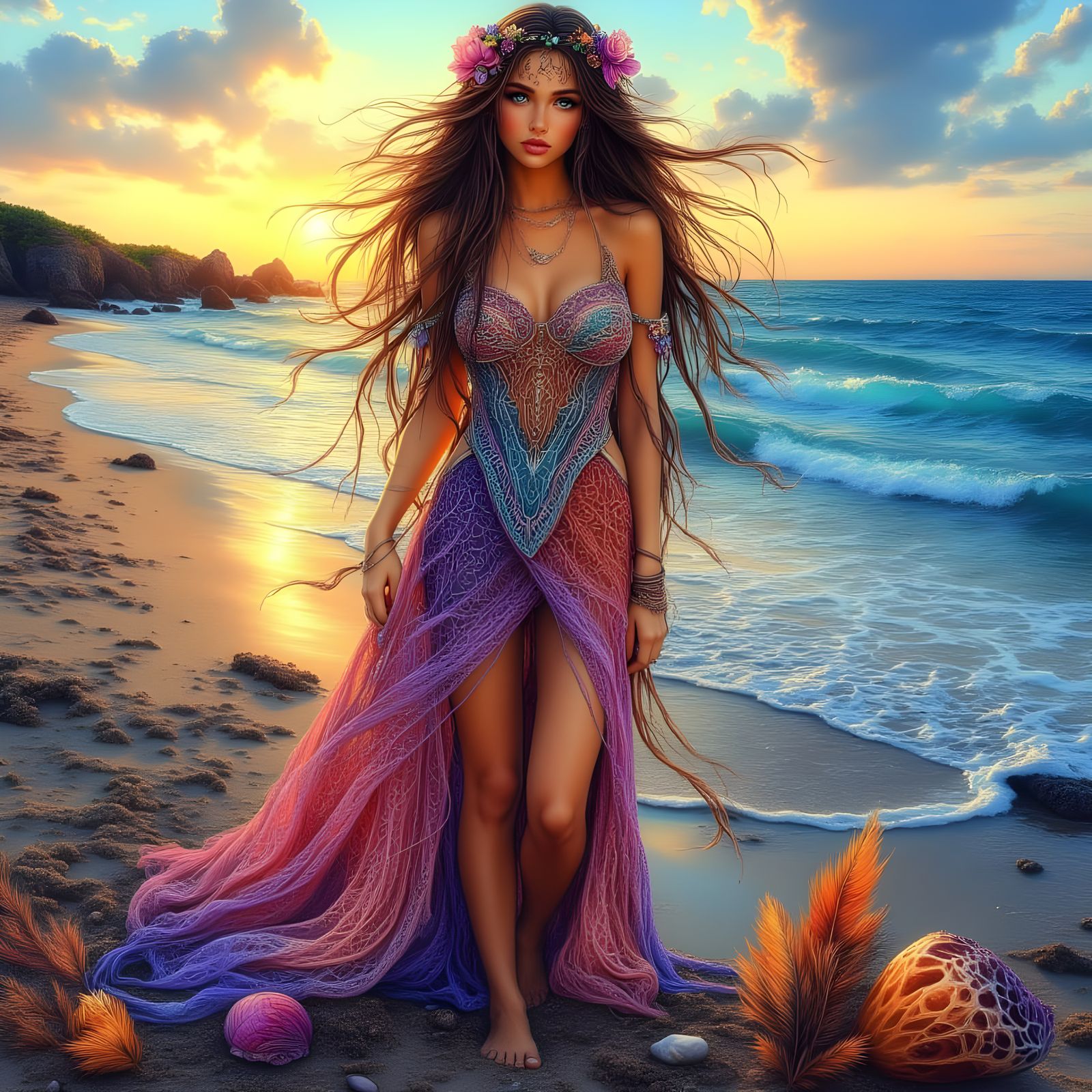 Bohemian Woman on Beach at Sunset